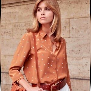 Sezane Silk Ann Button down blouse camel tan Polka Dot- light Brown Sz 36 4